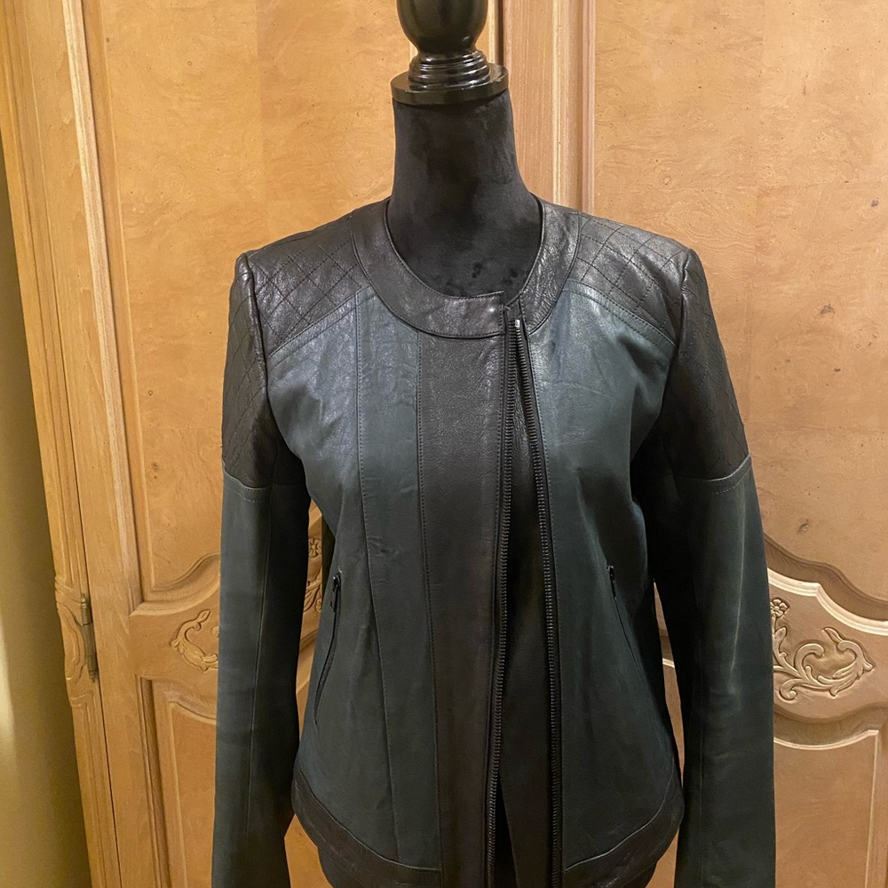 Theory Black and Dark Green Leather Jacket